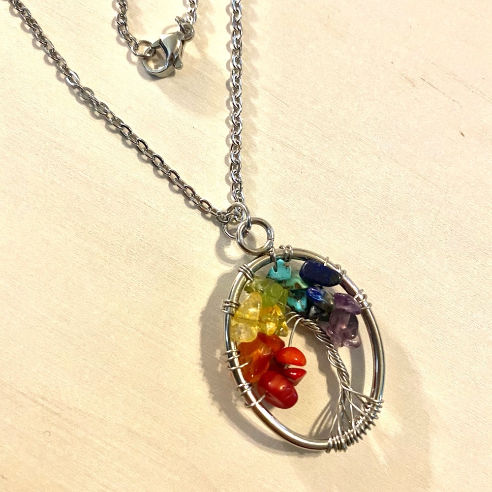 Natural multi stone tree in stainless steel oval